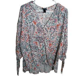 Daytrip Blouse Women's Small Floral V-Neck Wrap 3/4 Sleeve Tie Casual Top